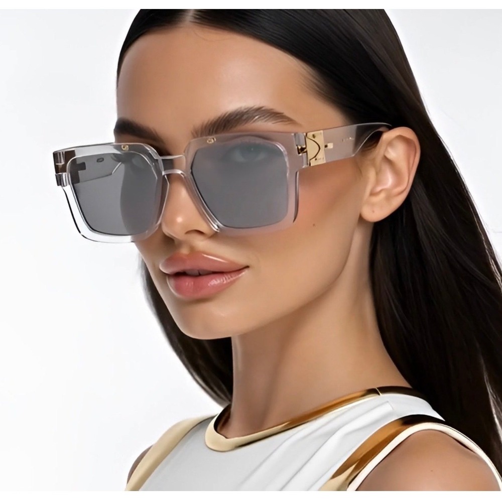 Womens Oversized Square Sunglasses Clear Frame Gold Hardware Mirror Lens‎ Lentes